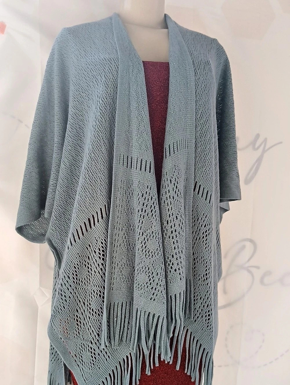 😍Nine West Fringed Open Front Shrug in Blue-gray